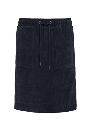 Navy terry cloth skirt with an elastic waistband, drawstring closure, and two front pockets. Smooth texture with a simple design.