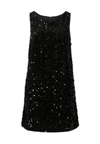 Czarna sukienka bez rękawów pokryta cekinami, z okrągłym dekoltem i luźnym krojem o gładkiej fakturze.