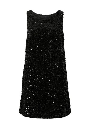 Musternahk mustriga musta kleit, kaetud sädelustega, ringikujulise kaelusega ja vabalt langeva disainiga, millel on sile tekstuur.