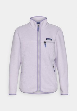 Světle purpurová fleecová bunda s vysokým límcem, zapínáním na zip a kontrastními detaily zipu. Disponuje náprsní kapsou a postranními kapsami.