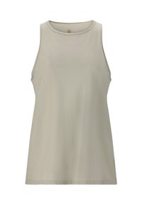 Top senza maniche di colore grigio chiaro, realizzato in un tessuto morbido e liscio. Scollo rotondo classico e vestibilità morbida, senza motivi o dettagli visibili.