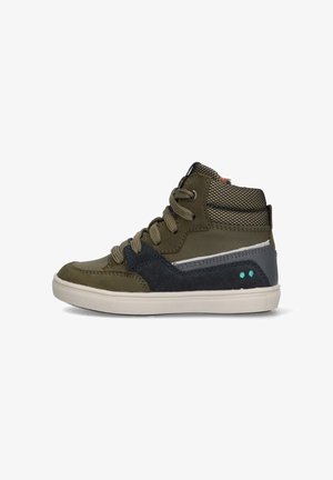 High-top shoe with olive green synthetic upper, dark blue and grey accents, white midsole, and grey mesh collar. Features round laces.