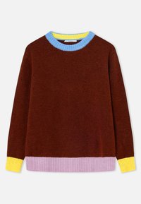 Pull marron avec une finition texturée, présentant des poignets côtelés en jaune, un ourlet rose et un col bleu et jaune. Design classique à col rond.