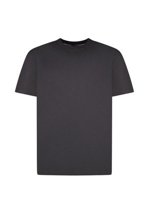 Effen zwart katoenen T-shirt met korte mouwen en een ronde hals, afgebeeld op een witte achtergrond.