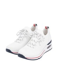 White mesh athletic shoes with patterned black and white laces, red and navy accents, and a cushioned sole featuring a visible air unit.