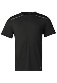 T-shirt sportivo nero realizzato in tessuto traspirante, con maniche corte, colletto rotondo e sottili dettagli riflettenti sulle spalle.