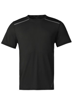Black athletic t-shirt made of moisture-wicking fabric, featuring short sleeves, round neck, and subtle reflective accents on shoulders.