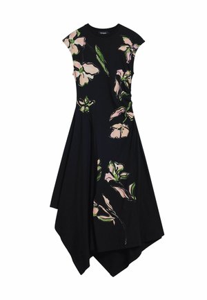 Schwarzes Kleid mit kurzen Ärmeln, das ein florales Design in Pink und Grün aufweist. Asymmetrischer Saum und weich strukturierter Stoff.