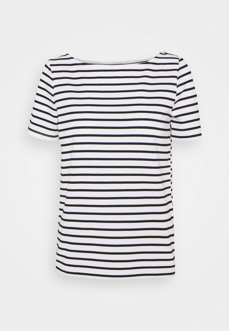 T-shirt à manches courtes rayé en blanc et noir, avec un col rond, un tissu doux, et des rayures horizontales espacées régulièrement.
