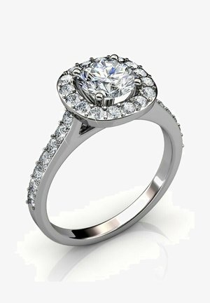 Anello di fidanzamento con un diamante centrale a taglio brillante rotondo, circondato da diamanti più piccoli in un band di oro bianco lucido.