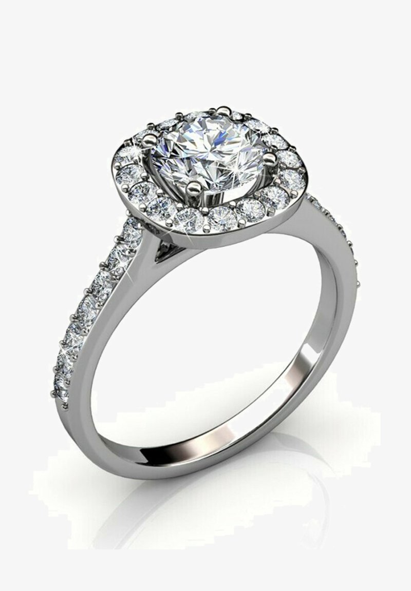Verlobungsring mit einem runden Brillantschliff-Diamant als Mittelpunkt, umgeben von kleineren Diamanten in einem polierten Weißgoldband.
