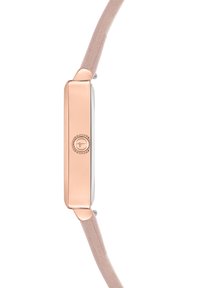 Montre rectangulaire avec un boîtier en acier inoxydable rose doré, un cadran argenté et un bracelet en cuir rose clair. Équipée d'une couronne ronde pour les réglages.