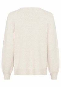 Cremefarbener Strickpullover mit lockerer Passform. Verfügt über lange, leicht gepuffte Ärmel und einen gerippten Saum. Weiche Textur mit subtilen Schattierungen.