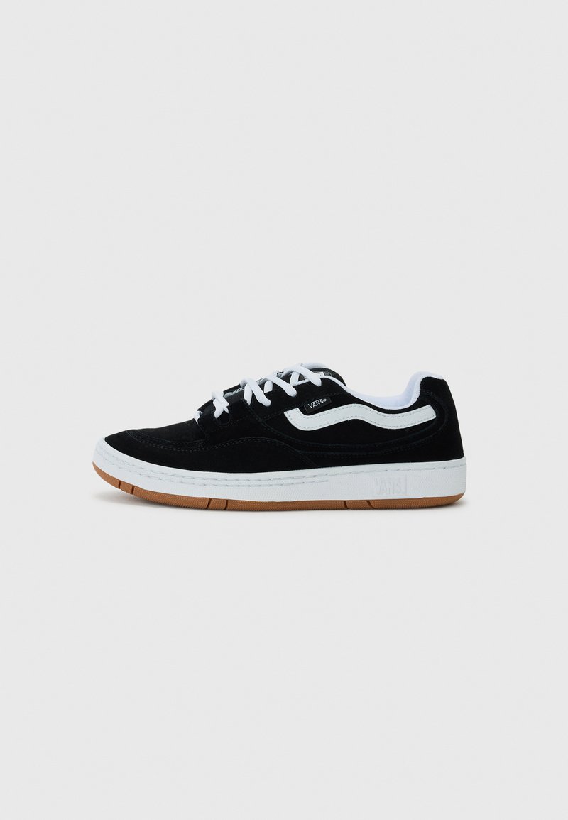 Black suede sneakers with white accents, round toe, flat white sole, and gum rubber outsole. Features white laces and side branding detail.