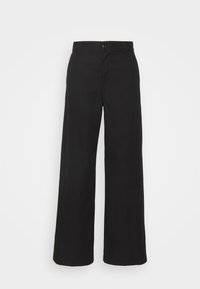 Zwarte, wijde broek van gladde stof; met een sluiting met knoop aan de voorkant en twee zijzakken. Schone lijnen en een minimalistisch ontwerp.