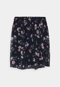 Falda floral en tejido ligero y transparente, con un fondo negro y flores rosas y blancas. Cintura elástica, diseño hasta la rodilla.