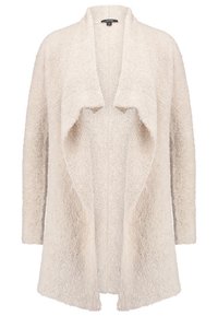 Cardigan texturé couleur crème à ouverture devant, manches longues et col ample drapé.