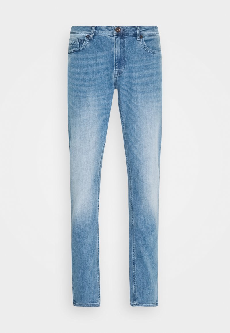Lichtblauwe denim jeans met een slanke pasvorm, met een sluiting aan de voorkant met knoop en vijf zakken. De stof heeft een zachte, licht vervaagde textuur.