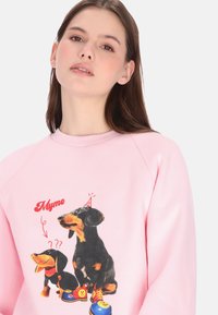 Lichtroze sweatshirt met een kleurrijke afbeelding van twee cartoon-Dachshunds met speelse gezichten, waarvan één een feesthoed en schoenen draagt.