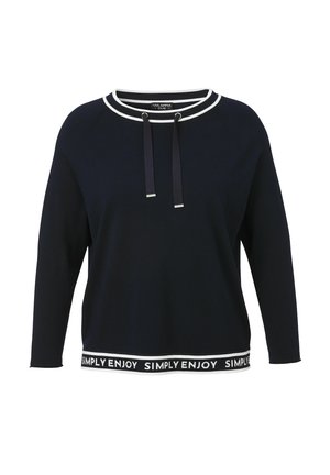 Marineblaues Langarmshirt mit weißem Besatz am Halsausschnitt, Zugbändchen und dem Text "SIMPLY ENJOY" am Saum.