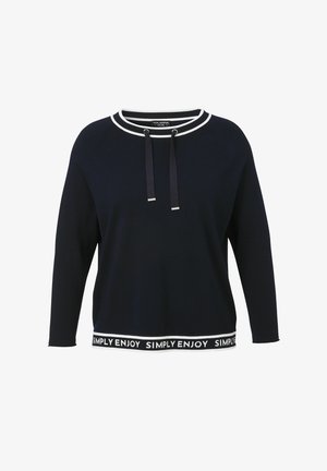 Marineblaues Langarmshirt mit weißem Besatz am Halsausschnitt, Zugbändchen und dem Text "SIMPLY ENJOY" am Saum.