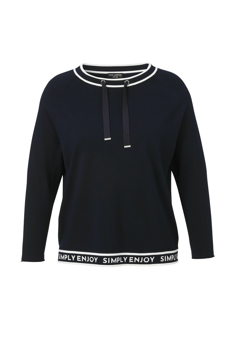 Marineblaues Langarmshirt mit weißem Besatz am Halsausschnitt, Zugbändchen und dem Text "SIMPLY ENJOY" am Saum.