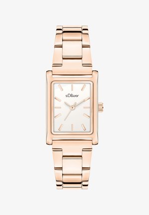 Rechthoekig horloge van roségoudkleurig metaal met een witte wijzerplaat, quartz-uurwerk en minimalistische uurmarkeringen. De schakels hebben een gepolijste afwerking.
