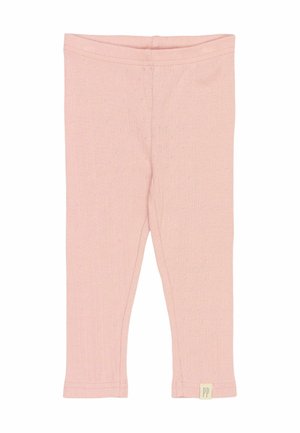 Leggings de color rosa claro hechos de tela acanalada con pequeños patrones de puntos tejidos y una cinturilla elástica. Presenta una etiqueta sutil en el dobladillo.