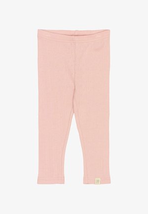 Svetlo roza leggingi, izdelani iz rebraste tkanine z majhnimi, tkani pikčastimi vzorci in elastičnim pasom. Imajo subtilno oznako na robu.