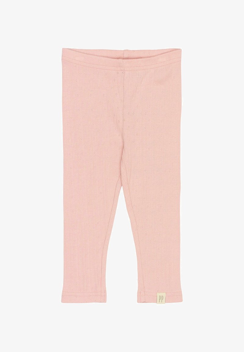 Svetlo roza leggingi, izdelani iz rebraste tkanine z majhnimi, tkani pikčastimi vzorci in elastičnim pasom. Imajo subtilno oznako na robu.