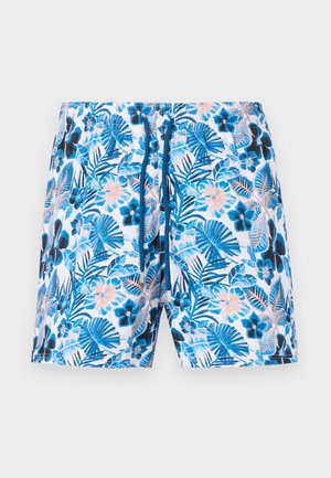Men’s swim shorts with white background and blue, black, and peach tropical floral print, featuring an elastic waistband and blue drawstring.