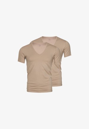 Beige v-neck t-shirts in a fitted shape with short sleeves, made from a smooth, stretchy fabric. Two shirts are layered in the image.