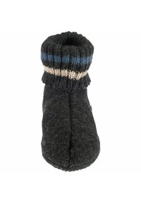 Knitted wool slipper with a black body, ribbed cuff featuring blue and beige stripes, and a soft, textured surface.