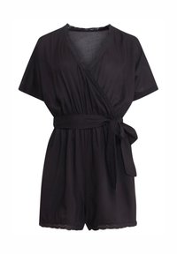 Black short-sleeve jumpsuit with a wrap design, v-neck, adjustable tie at the waist, and scalloped hem detail. Made of lightweight fabric.