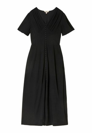 Schwarzes Kleid aus weichem Stoff mit kurzen Ärmeln, einem plissierten Oberteil und einer Knopfleiste vorne, gerade geschnitten und mit Seitentaschen.