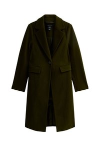 Cappotto in lana verde oliva con colletto a punta, chiusura a un bottone, due tasche frontali e maniche lunghe. Design sartoriale con taglio dritto.