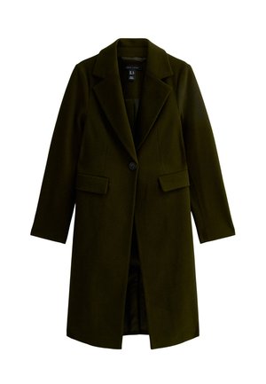 Olijf groene wollen jas met een notch-kraag, enkele knoopsluiting, twee voorzakken en lange mouwen. Op maat gemaakte ontwerp met rechte snit.