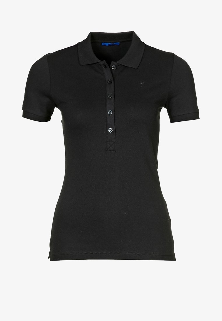 Polo noir en coton, doté d'un col classique, de manches courtes et d'une patte de boutonnage avec six boutons. Texture lisse.