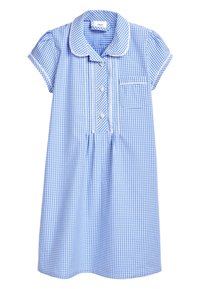 Blau-weißes Karo-Kleid mit kurzen Ärmeln, Kragenhals, durchgehender Knopfleiste, Tasche und Spitzenverzierungen.