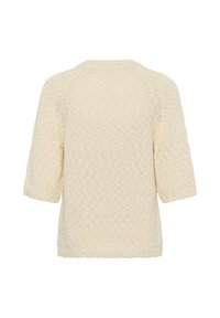 Pull tricoté couleur crème avec manches mi-longues, motif maille texturé et col rond, vu de dos.