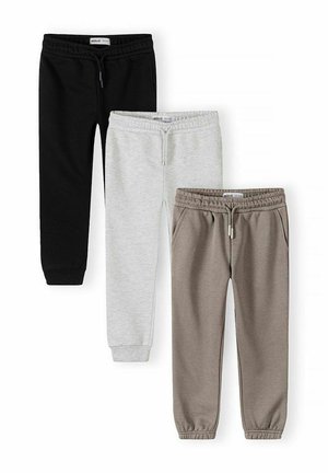 Three pairs of children's cotton jogger pants in black, light gray, and beige with elastic waistbands and ankle cuffs.