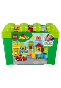 Bright green LEGO DUPLO storage box with a colorful design, featuring large building blocks, a red toy car, and a child figure.