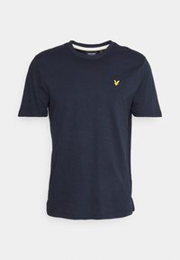 T-shirt manica corta blu navy realizzata in morbido tessuto con un logo di aquila gialla sul lato sinistro del petto e un design a girocollo.