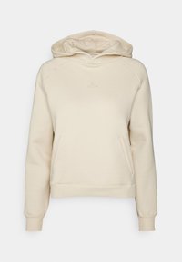 Sudadera con capucha color crema hecha de tela suave, con bolsillo tipo canguro, puños acanalados y un logo de percha bordado en el pecho.