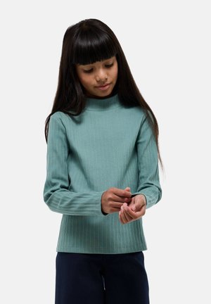 Haut à col roulé long et côtelé de couleur bleu clair, au design ajusté. Texture douce ; modèle ajustant les manches. Associé à un pantalon sombre.