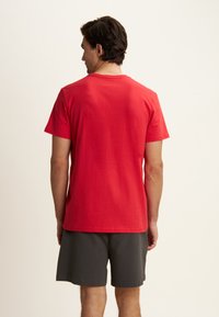 T-shirt rossa in cotone con maniche corte, design semplice, scollatura tonda e texture liscia. Indossata con pantaloni corti grigi.