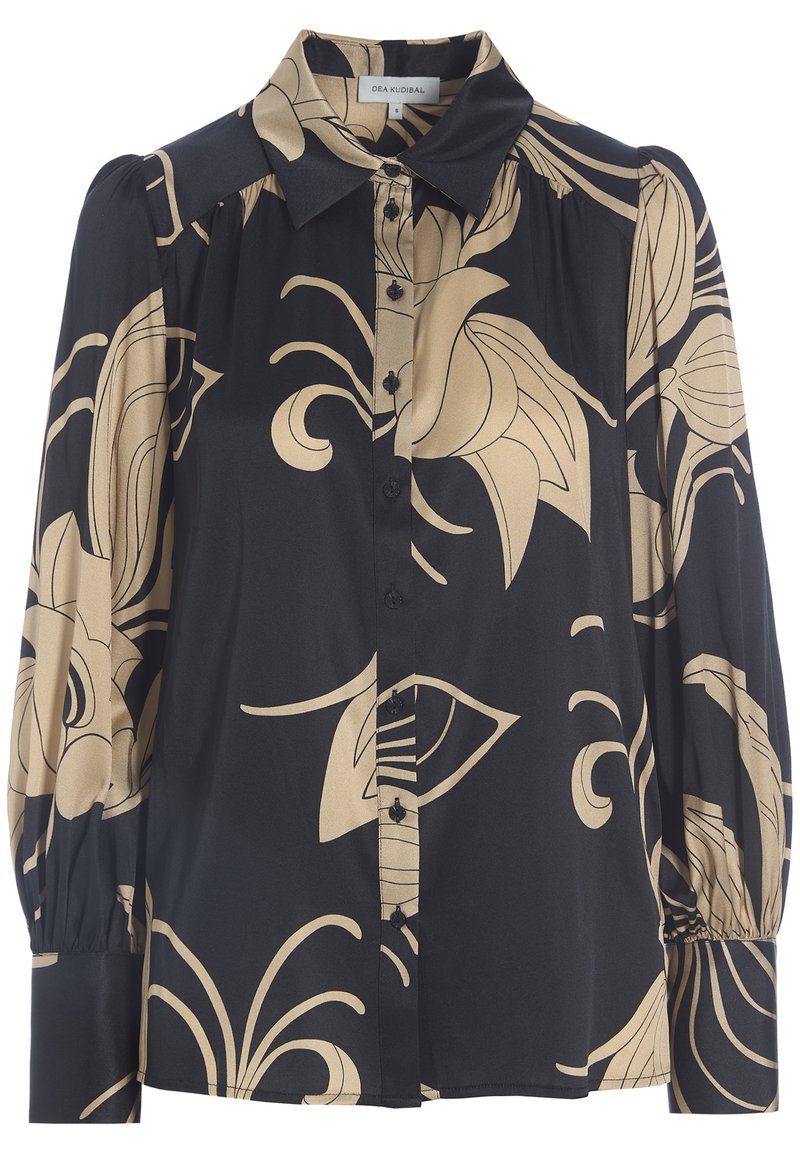 Zwarte blouse met knoopsluiting, versierd met een gouden bloemenpatroon, lange opgezette mouwen en een klassieke kraag. Gladde stof met een lichte glans.