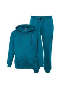 Tyrkis zip-up hoodie med framfickor och dragsnöre, i kombination med matchande sweatpants med elastisk midja. Mjuk bomullsblandning.