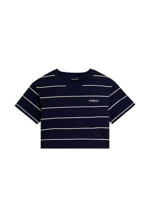 Camiseta corta azul marino con rayas horizontales blancas y logo "FREDDY" en el pecho izquierdo, mangas cortas y cuello redondo.
