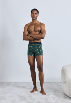 Boxer verde a fantasia con una cintura nera con la scritta "BJÖRN BORG." Il modello sta a piedi nudi con le braccia incrociate contro uno sfondo semplice.